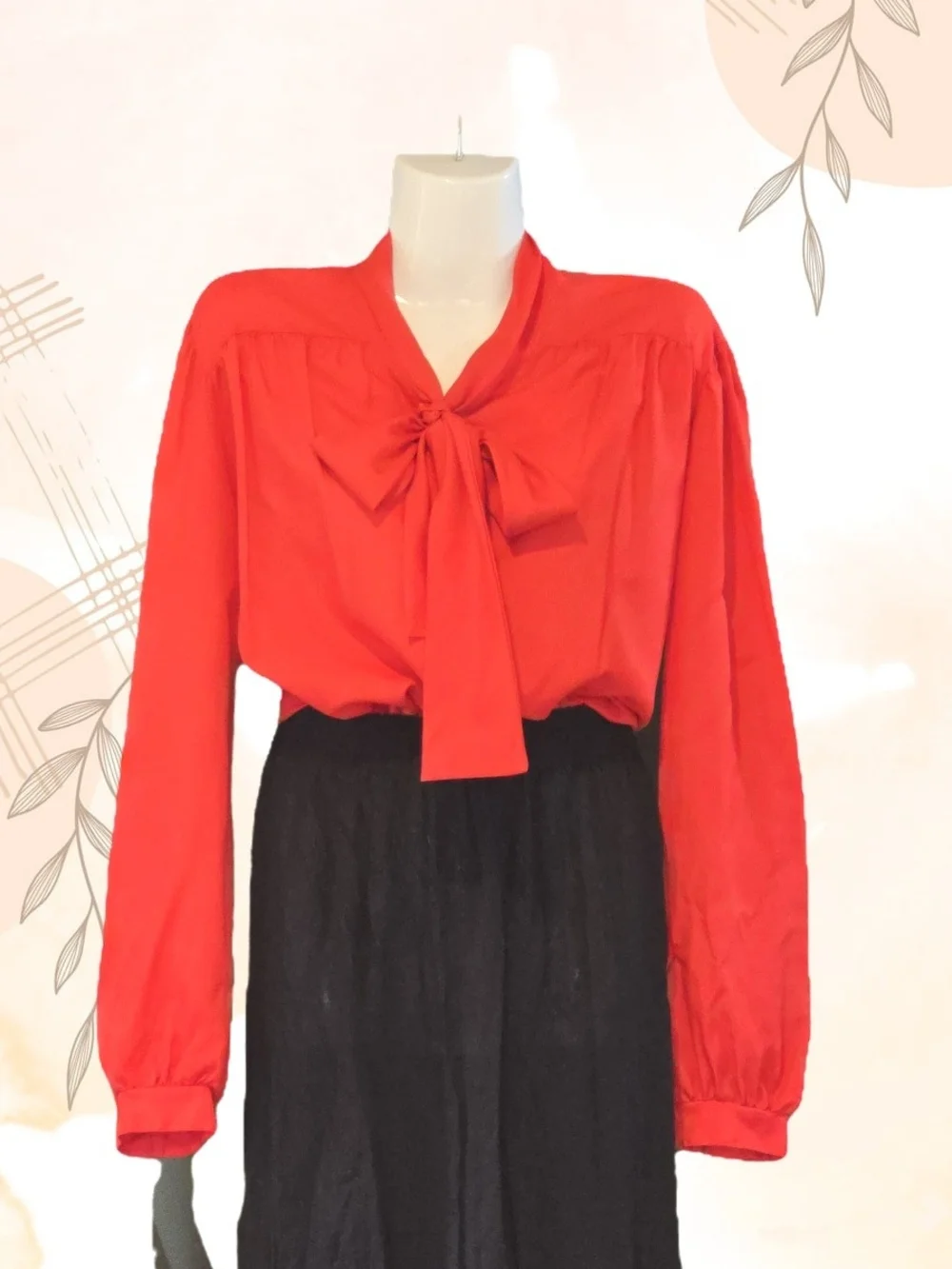 Authentic 1960s–1970s Vintage Red Lavallière collar Blouse